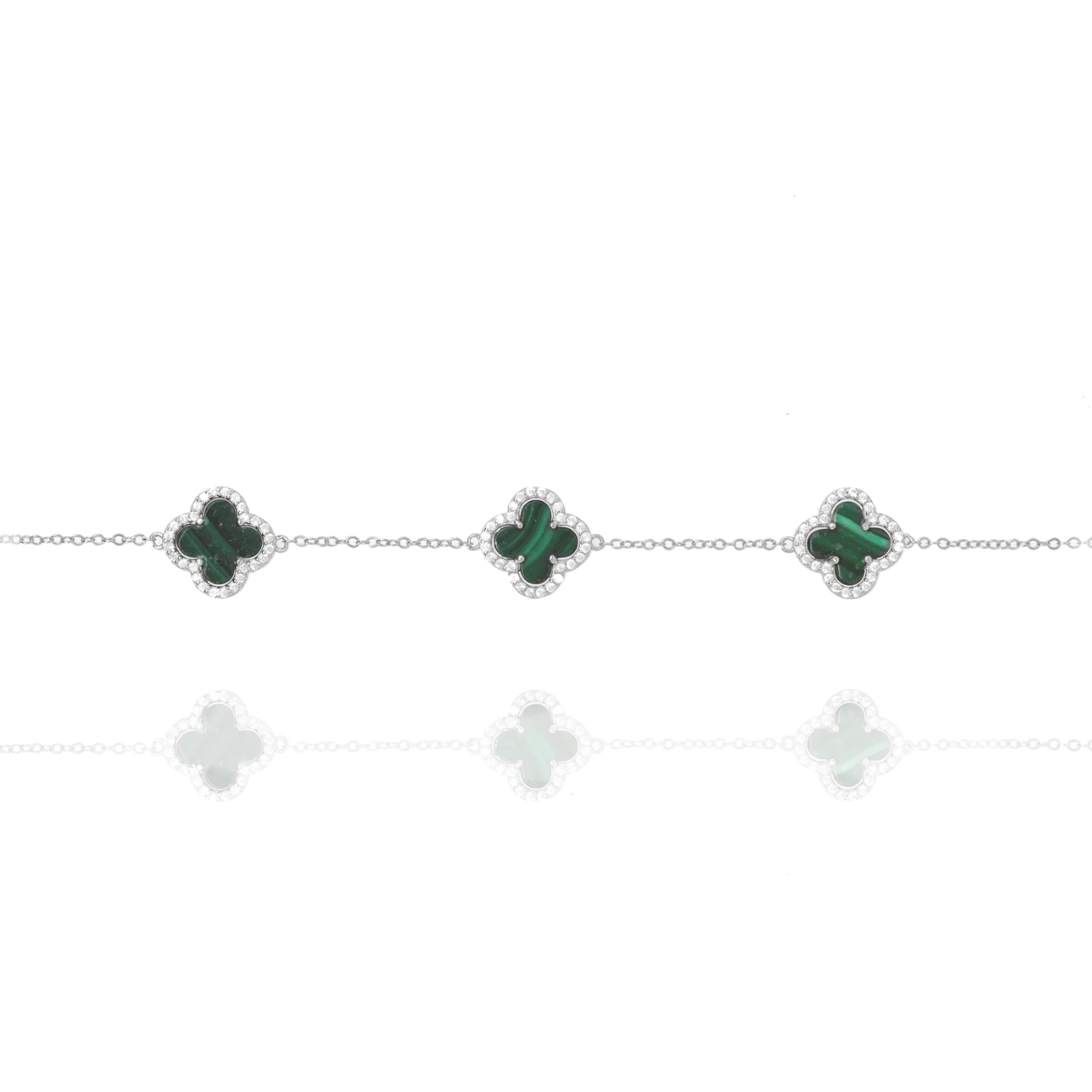 Clover Chain Bracelet with Malachite and Cubic Zirconia (Silver)