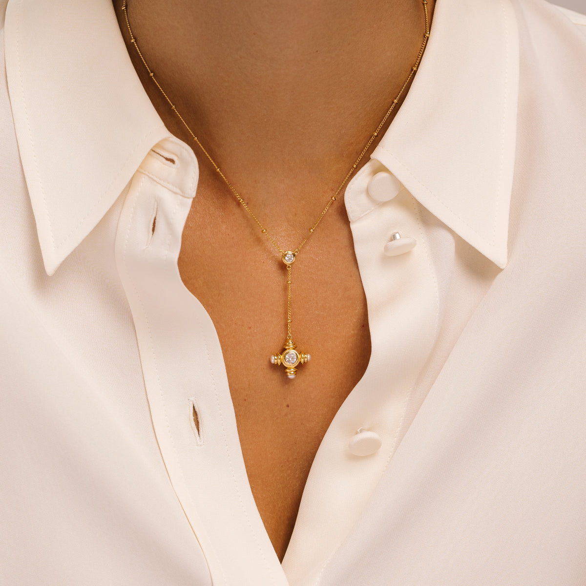 Pearl and White Sapphire Cross Gold Lariat Necklace - Lulu B London - Timeless Jewellery