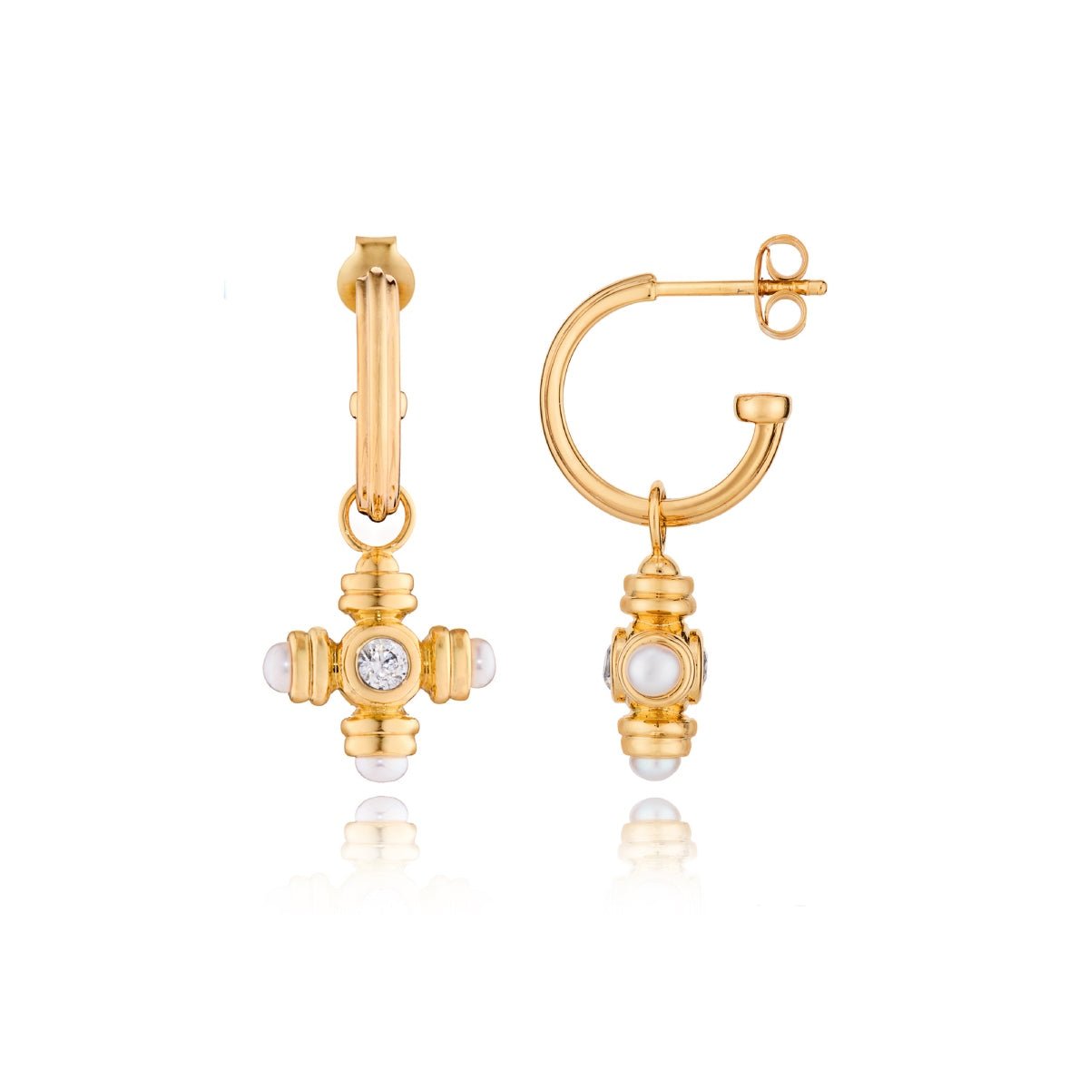 Pearl Cross Gemstone Charm Gold Hoop Earrings - Lulu B London - Timeless Jewellery