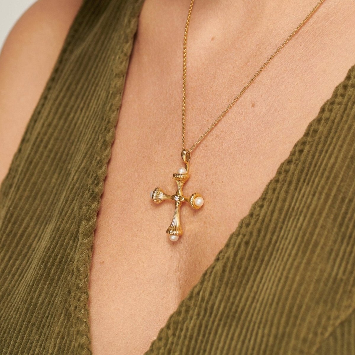 Pearl Cross Gold Necklace with Cubic Zirconia - Ripple - Lulu B Jewellery