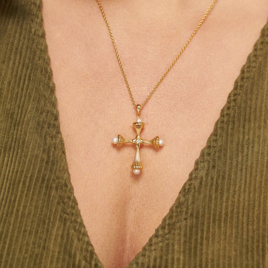 Pearl Cross Gold Necklace with Cubic Zirconia - Ripple - Lulu B Jewellery