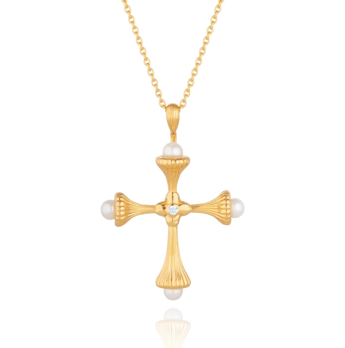 Pearl Cross Gold Necklace with Cubic Zirconia - Ripple - Lulu B London - Timeless Jewellery