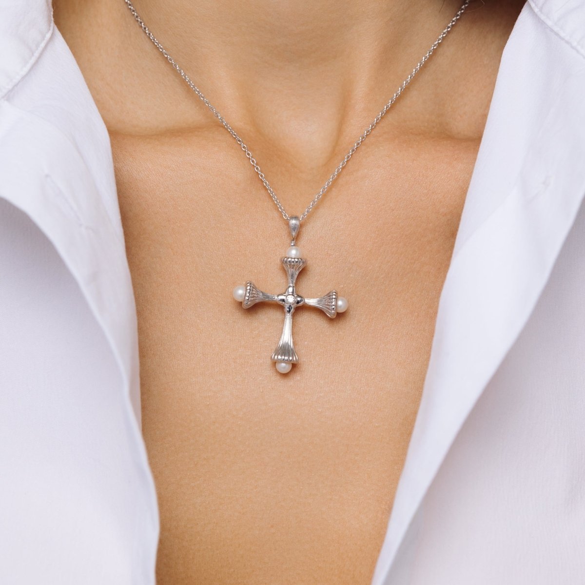 Pearl Cross Silver Necklace with Cubic Zirconia - Ripple - Lulu B London - Timeless Jewellery