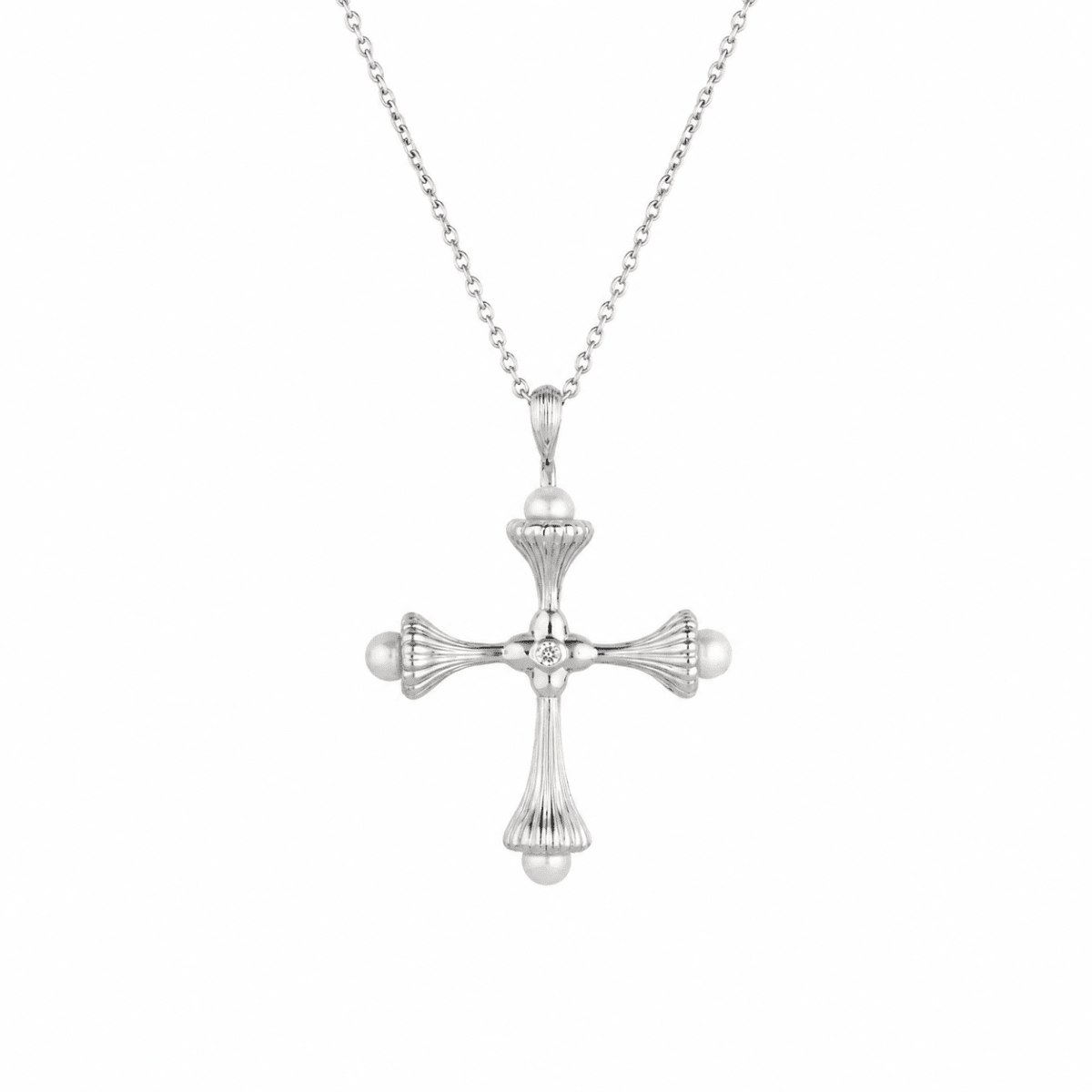 Pearl Cross Silver Necklace with Cubic Zirconia - Ripple - Lulu B London - Timeless Jewellery