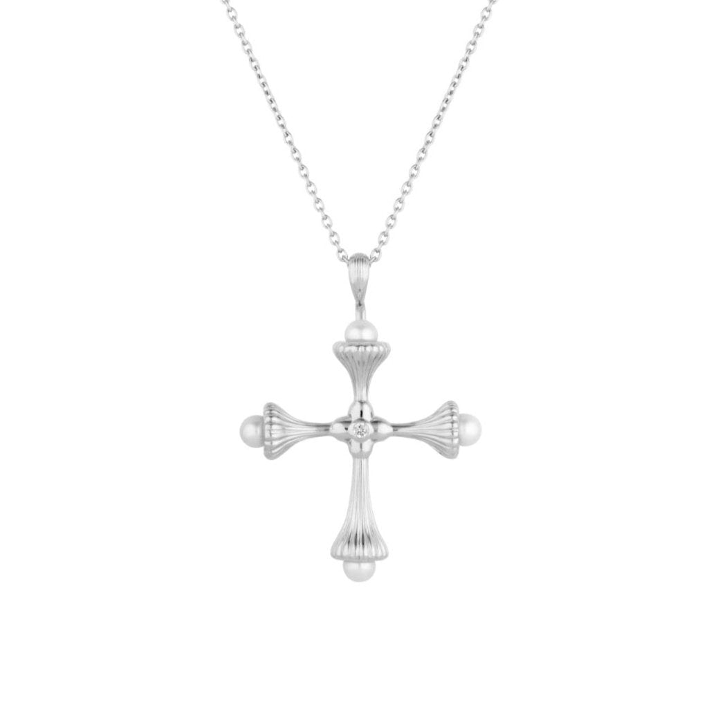 Pearl Cross Silver Necklace with Cubic Zirconia - Ripple - Lulu B Jewellery