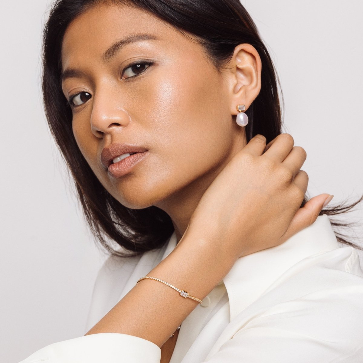 Pearl Drop Stud Gold Earrings with Baguette Cubic Zirconia - Lulu B London - Timeless Jewellery