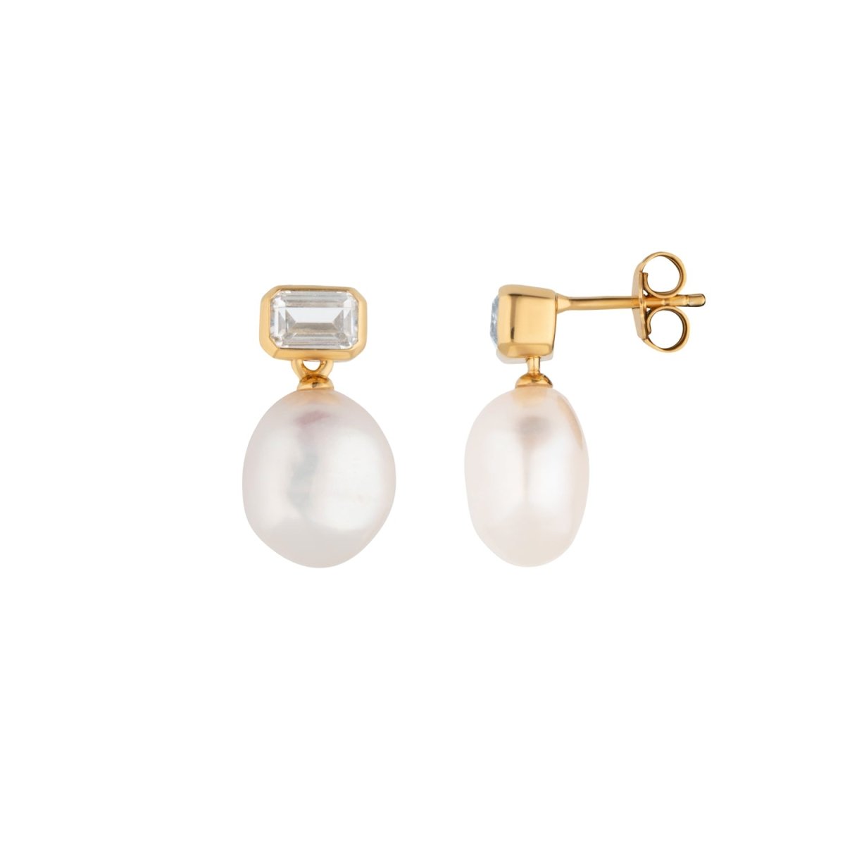 Pearl Drop Stud Gold Earrings with Baguette Cubic Zirconia - Lulu B London - Timeless Jewellery