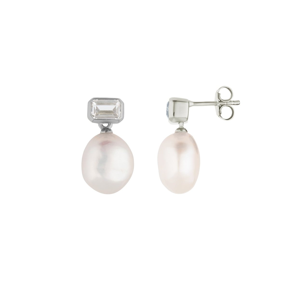 Pearl Drop Stud Silver Earrings with Baguette Cubic Zirconia - Lulu B London - Timeless Jewellery