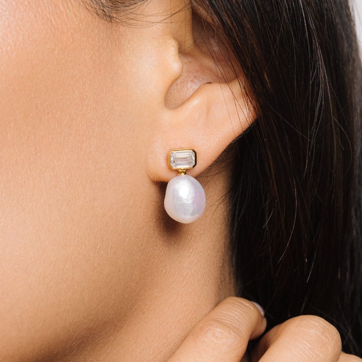 Pearl Drop Stud Silver Earrings with Baguette Cubic Zirconia - Lulu B London - Timeless Jewellery