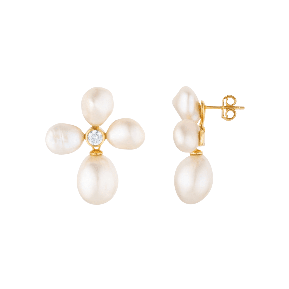 Pearl Flower Stud Drop Gold Earrings with Cubic Zirconia - Lulu B London - Timeless Jewellery