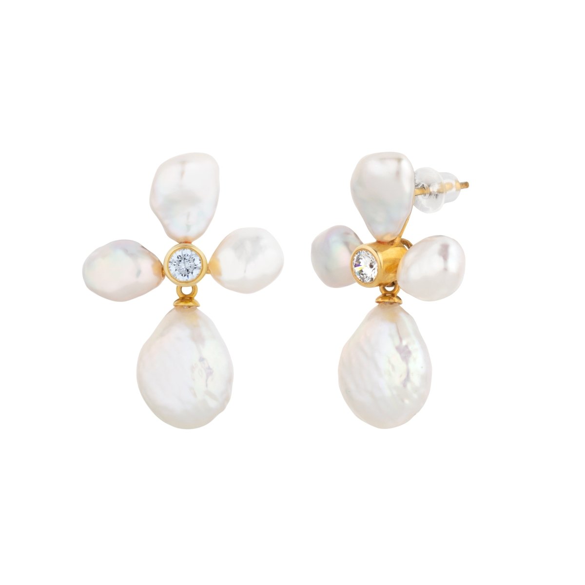 Pearl Flower Stud Drop Gold Earrings with Cubic Zirconia - Lulu B Jewellery