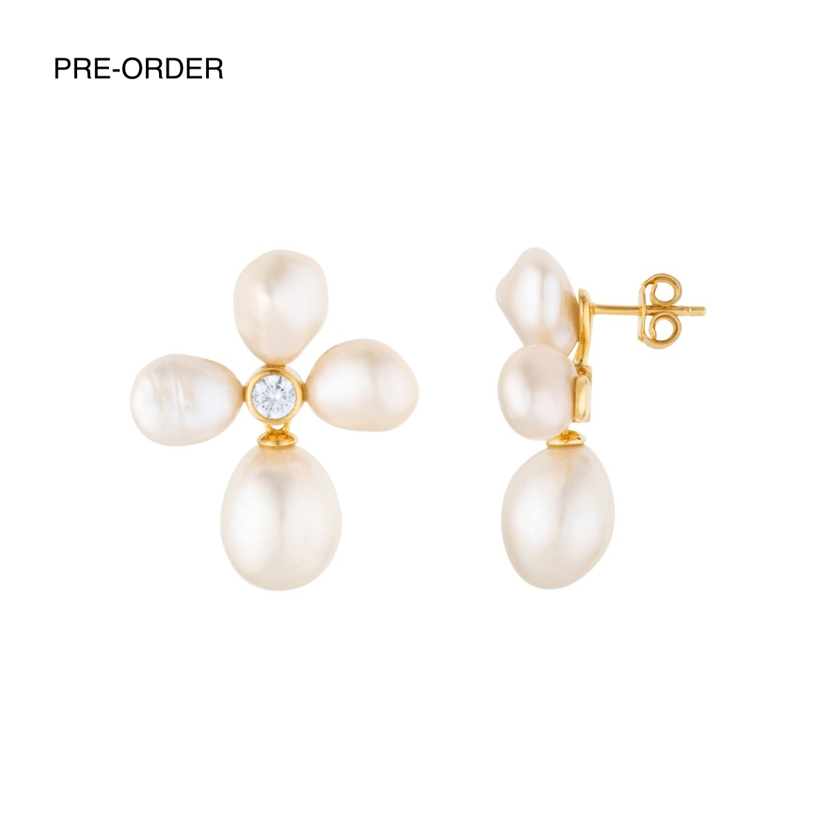 Pearl Flower Stud Drop Gold Earrings with Cubic Zirconia - Lulu B London - Timeless Jewellery