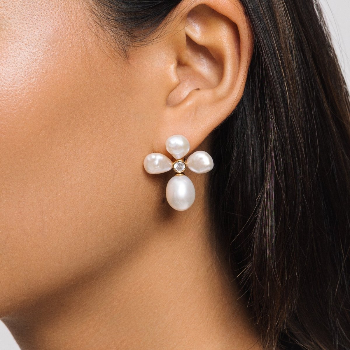 Pearl Flower Stud Drop Gold Earrings with Cubic Zirconia - Lulu B London - Timeless Jewellery