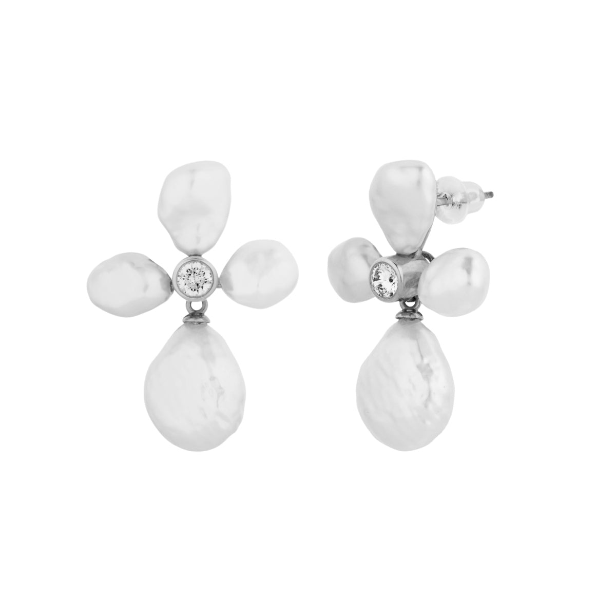 Pearl Flower Stud Drop Silver Earrings with Cubic Zirconia - Lulu B Jewellery