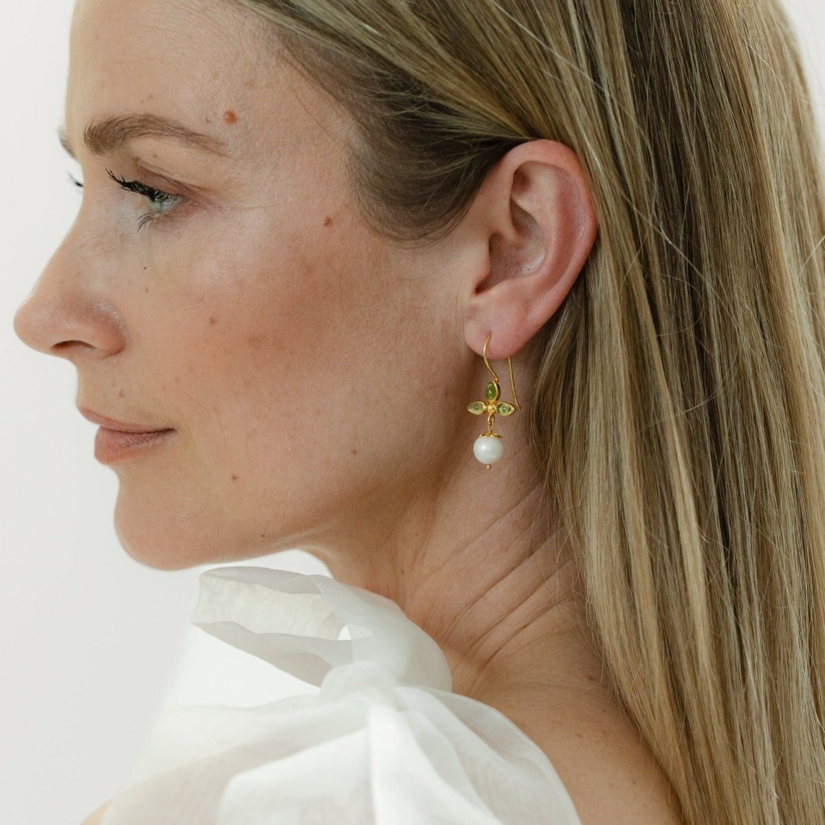 Pearl Gold Drop Earrings with Green Peridot - Meredith - Lulu B Jewellery