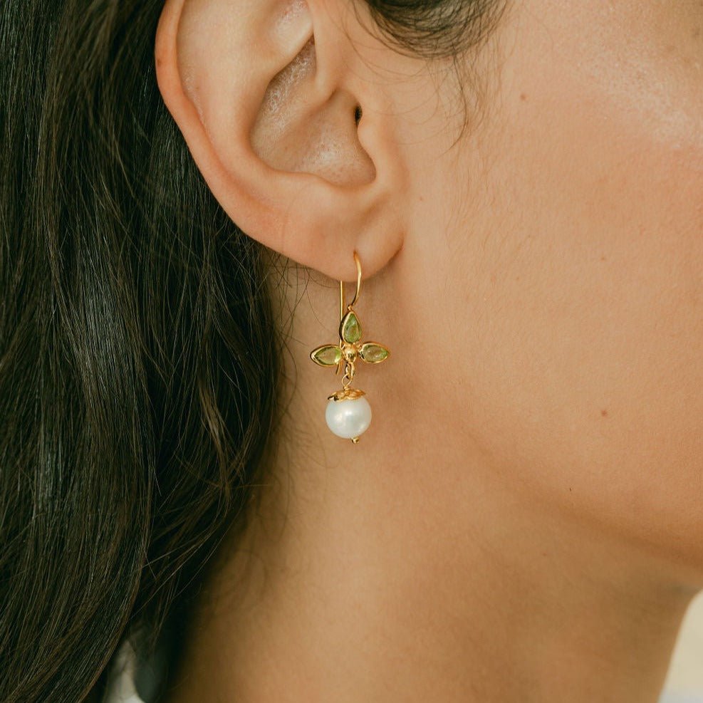 Pearl Gold Drop Earrings with Green Peridot - Meredith - Lulu B Jewellery