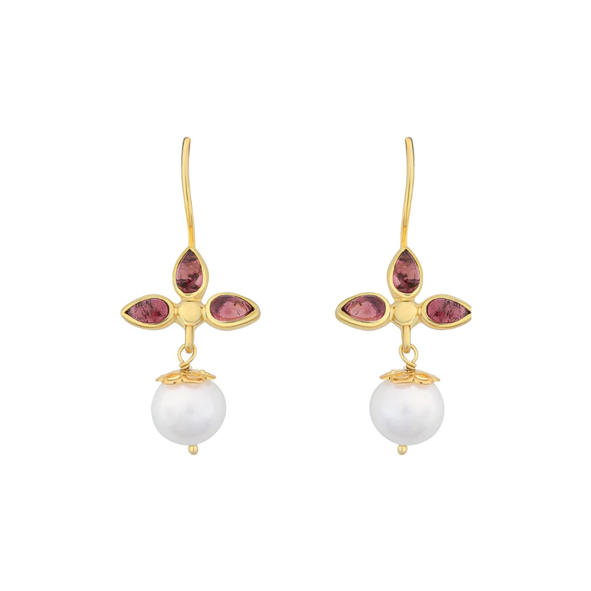 Pearl Gold Drop Earrings with Pink Tourmaline - Meredith - Lulu B Jewellery