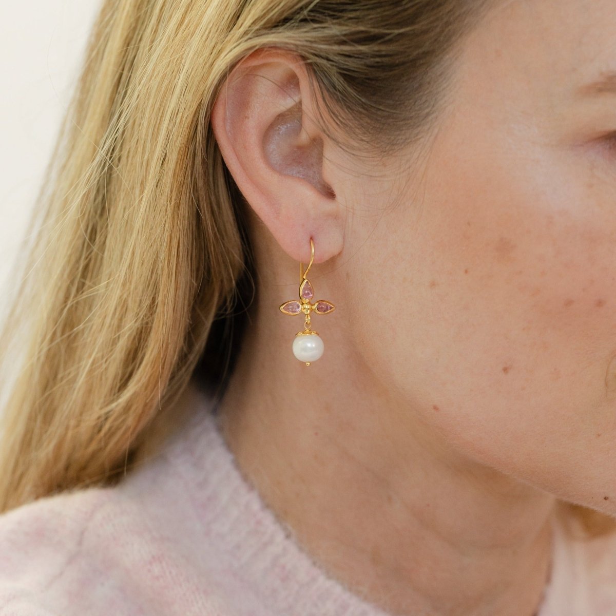 Pearl Gold Drop Earrings with Pink Tourmaline - Meredith - Lulu B Jewellery