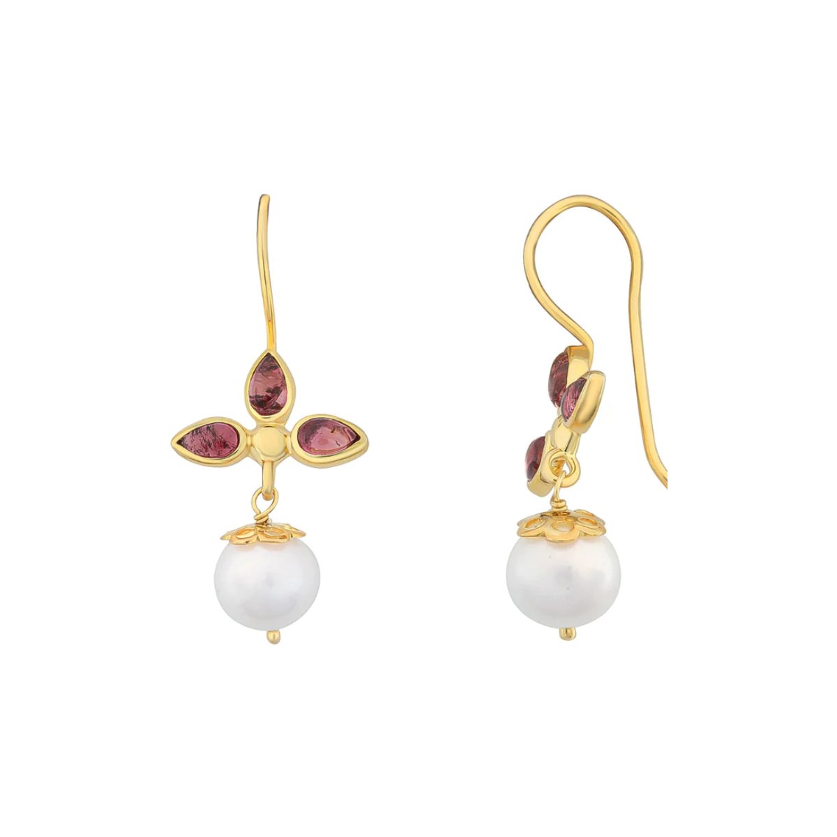 Pearl Gold Drop Earrings with Pink Tourmaline - Meredith - Lulu B Jewellery