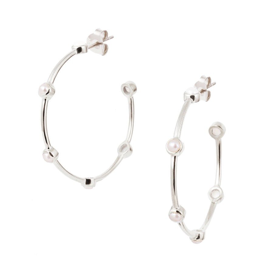 Pearl Studded Silver Hoop Earrings (Large) - Amica - Lulu B Jewellery