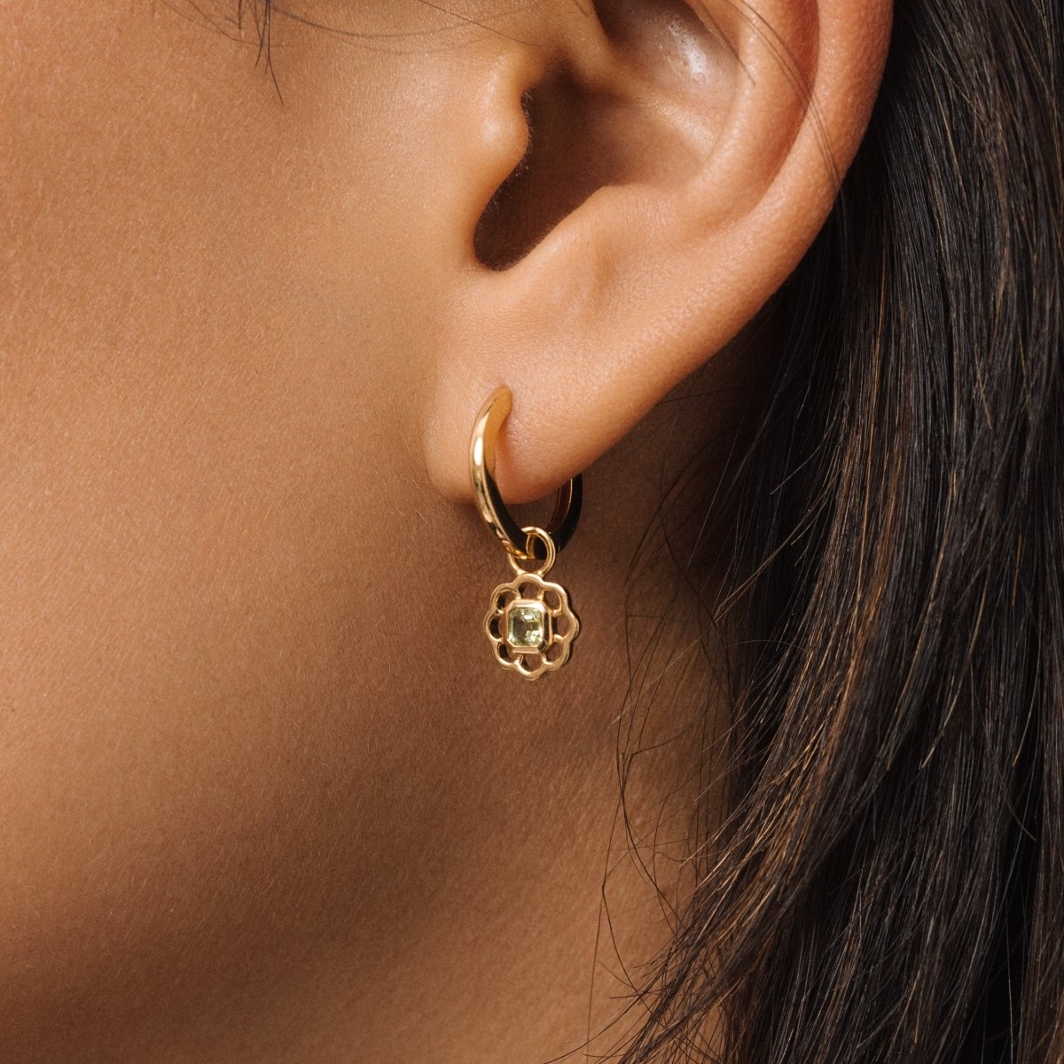 Peridot Gemstone Flower Gold Drop Hoop Earrings - Lulu B London - Timeless Jewellery