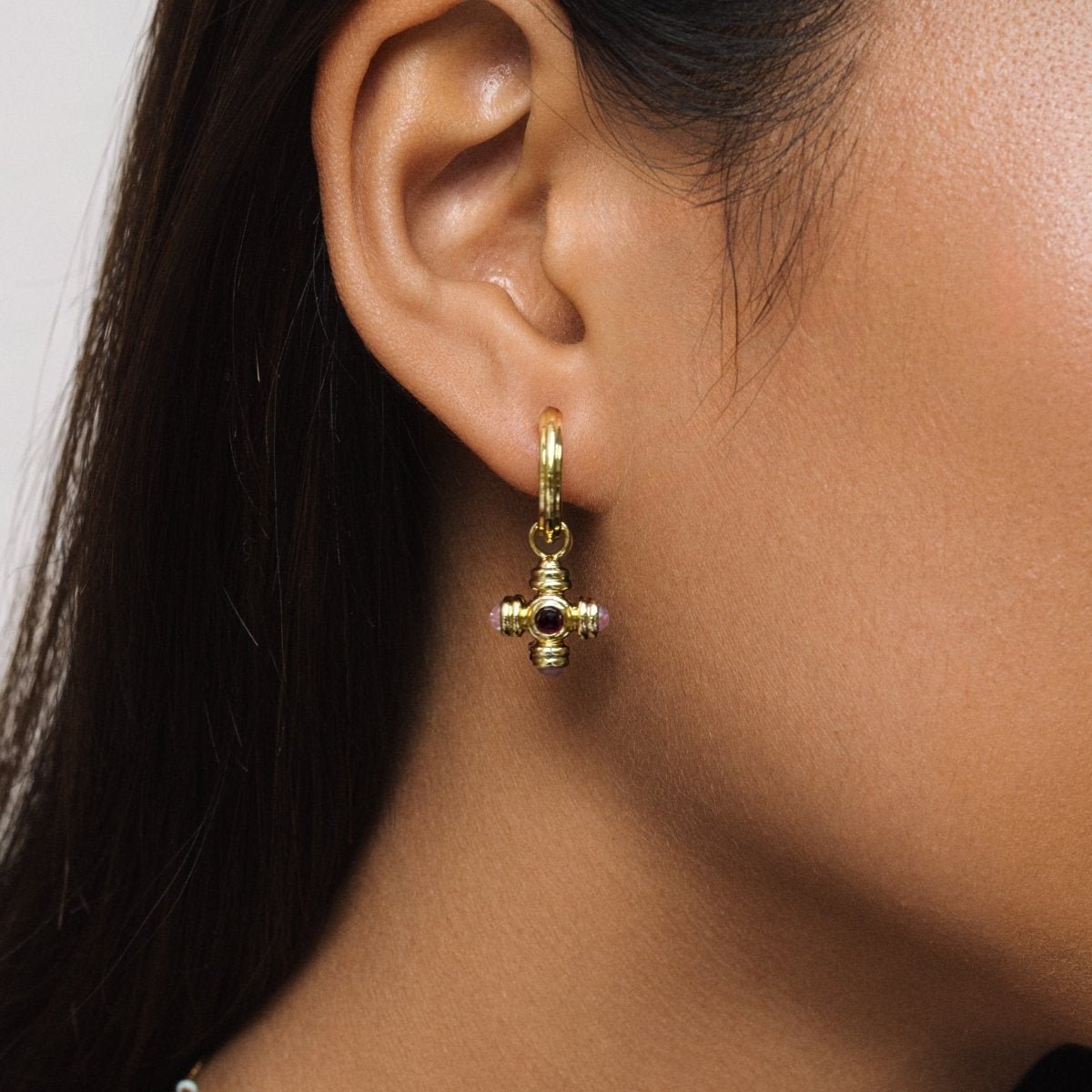 Red Garnet and Rhodochrosite Cross Gemstone Charm Gold Hoop Earrings - Lulu B London - Timeless Jewellery