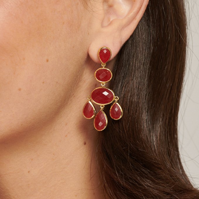 Red Jade Chandelier Gold Stud Drop Earrings - Lulu B Jewellery