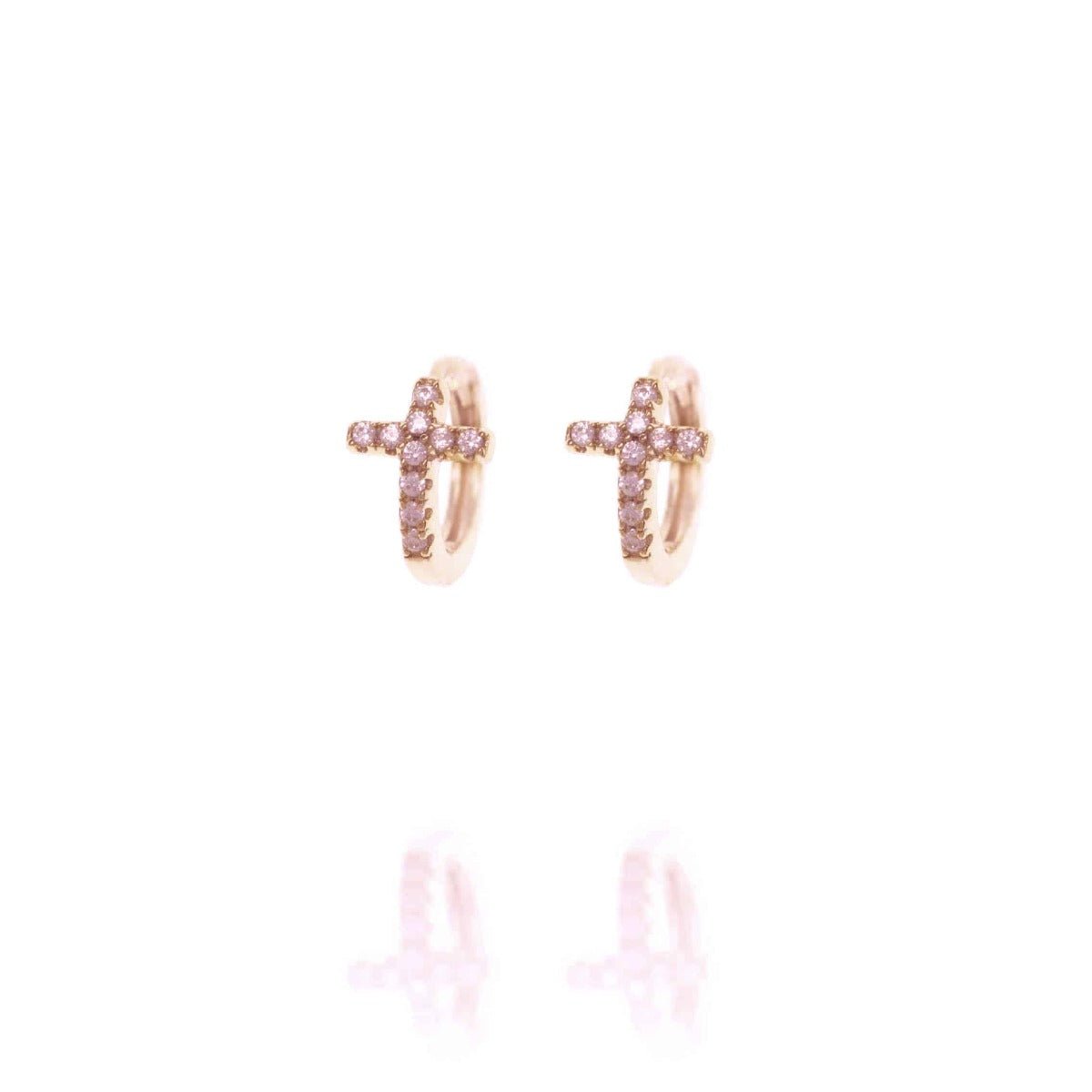 Rose Gold Cross Huggie Hoop Earrings with Cubic Zirconia - Lulu B Jewellery