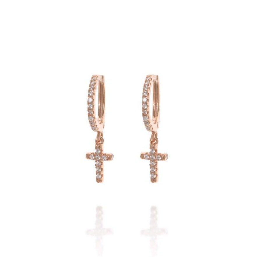 Rose Gold Hanging Cross Hoop Earrings with Cubic Zirconia - Berkeley - Lulu B Jewellery