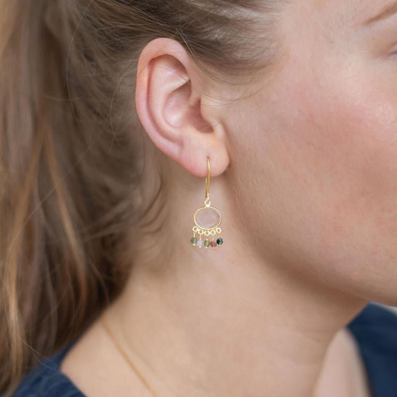 Rose Quartz Gold Drop Earrings with Tourmaline - Isla - Lulu B Jewellery