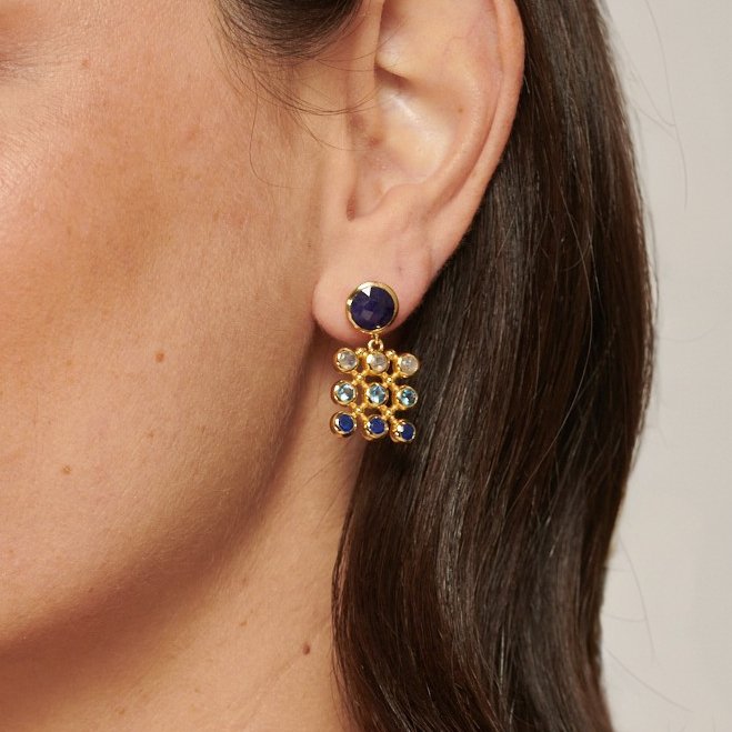 Sapphire with Gemstone Checkerboard Gold Stud Drop Earrings - Lulu B Jewellery