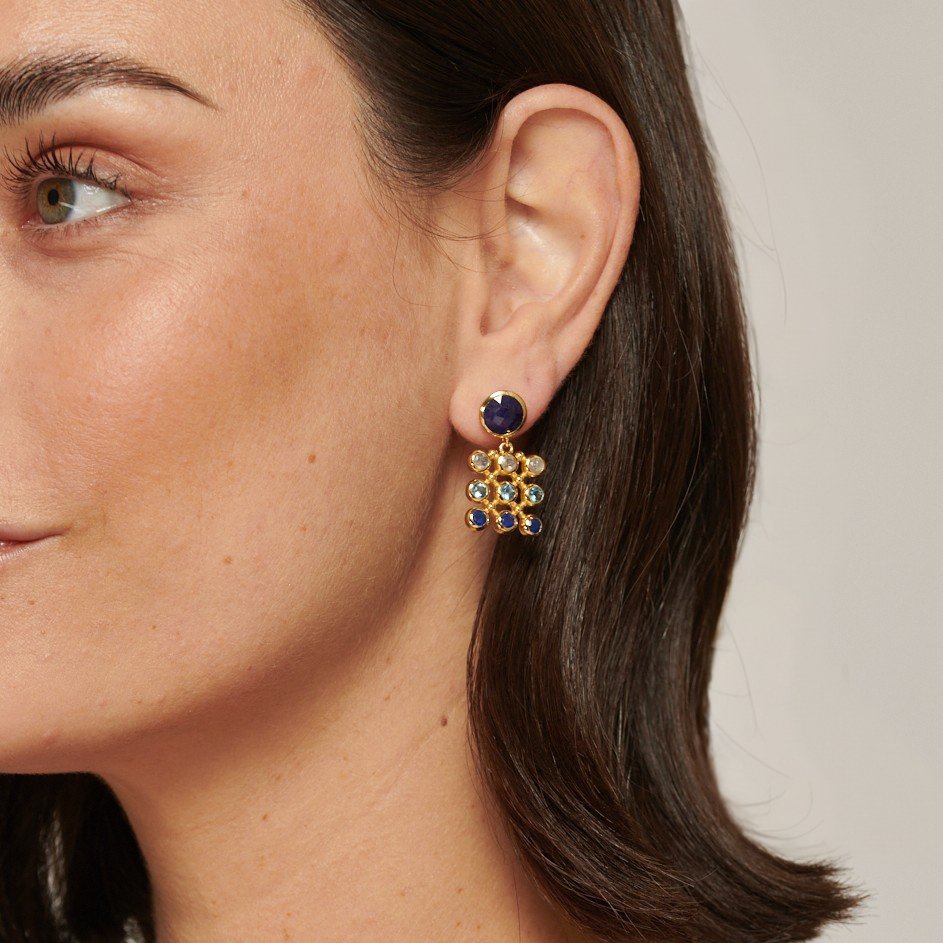 Sapphire with Gemstone Checkerboard Gold Stud Drop Earrings - Lulu B Jewellery