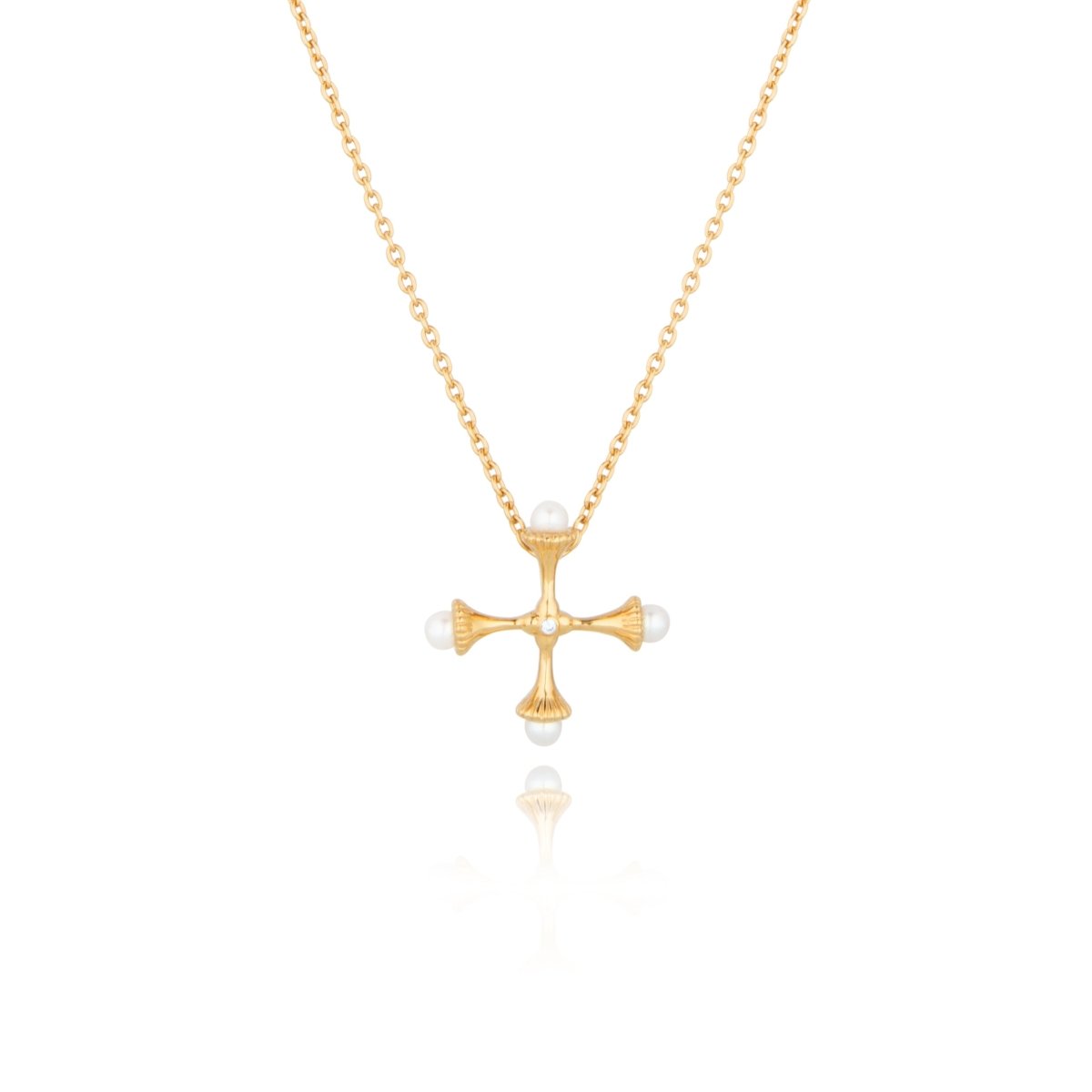 Small Gold Pearl Cross Necklace with Cubic Zirconia - Lulu B London - Timeless Jewellery