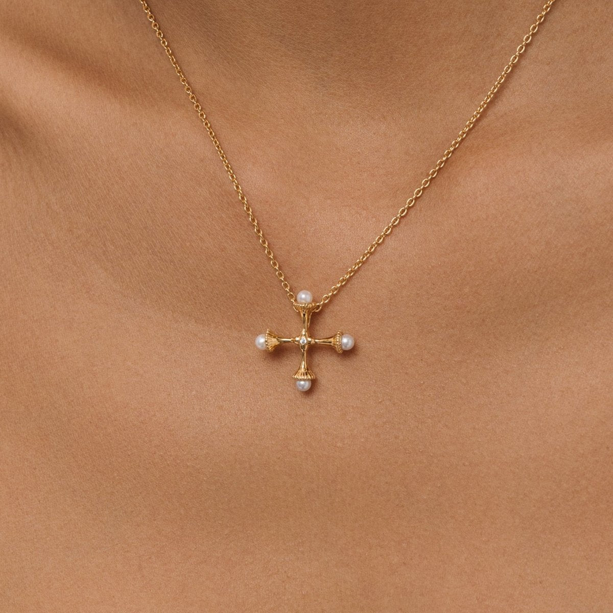 Small Gold Pearl Cross Necklace with Cubic Zirconia - Lulu B London - Timeless Jewellery