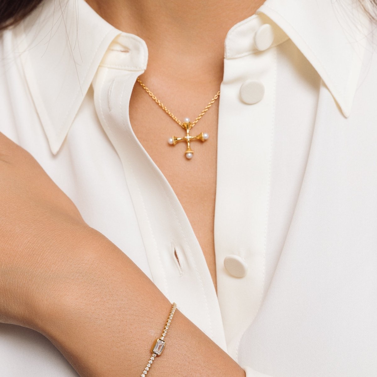 Small Gold Pearl Cross Necklace with Cubic Zirconia - Lulu B London - Timeless Jewellery