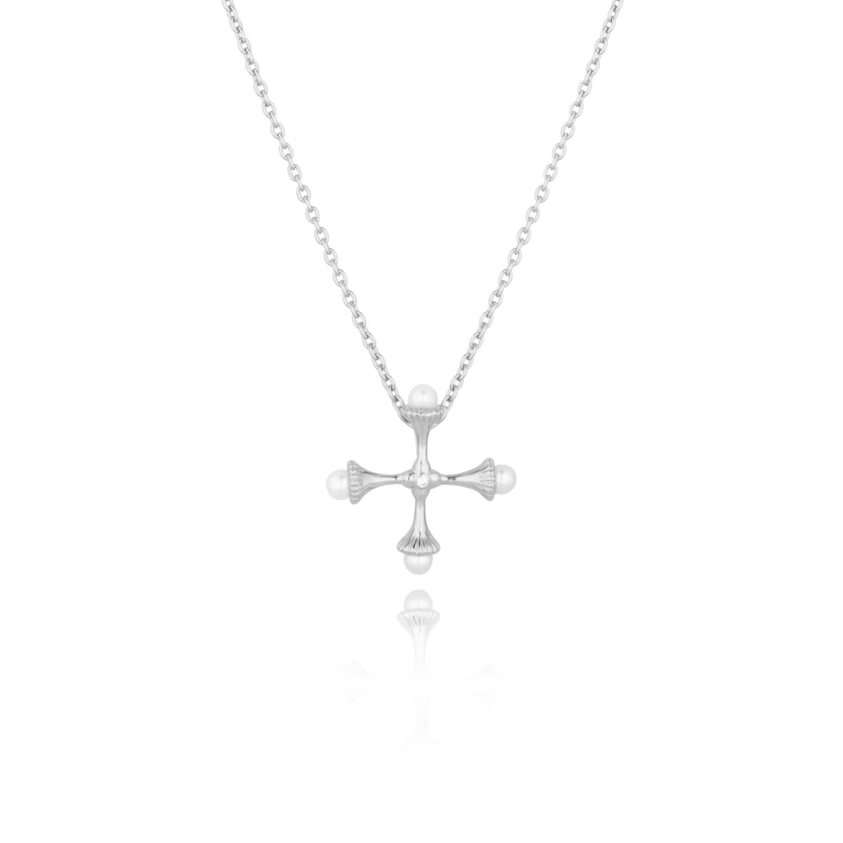 Small Silver Pearl Cross Necklace with Cubic Zirconia - Lulu B London - Timeless Jewellery