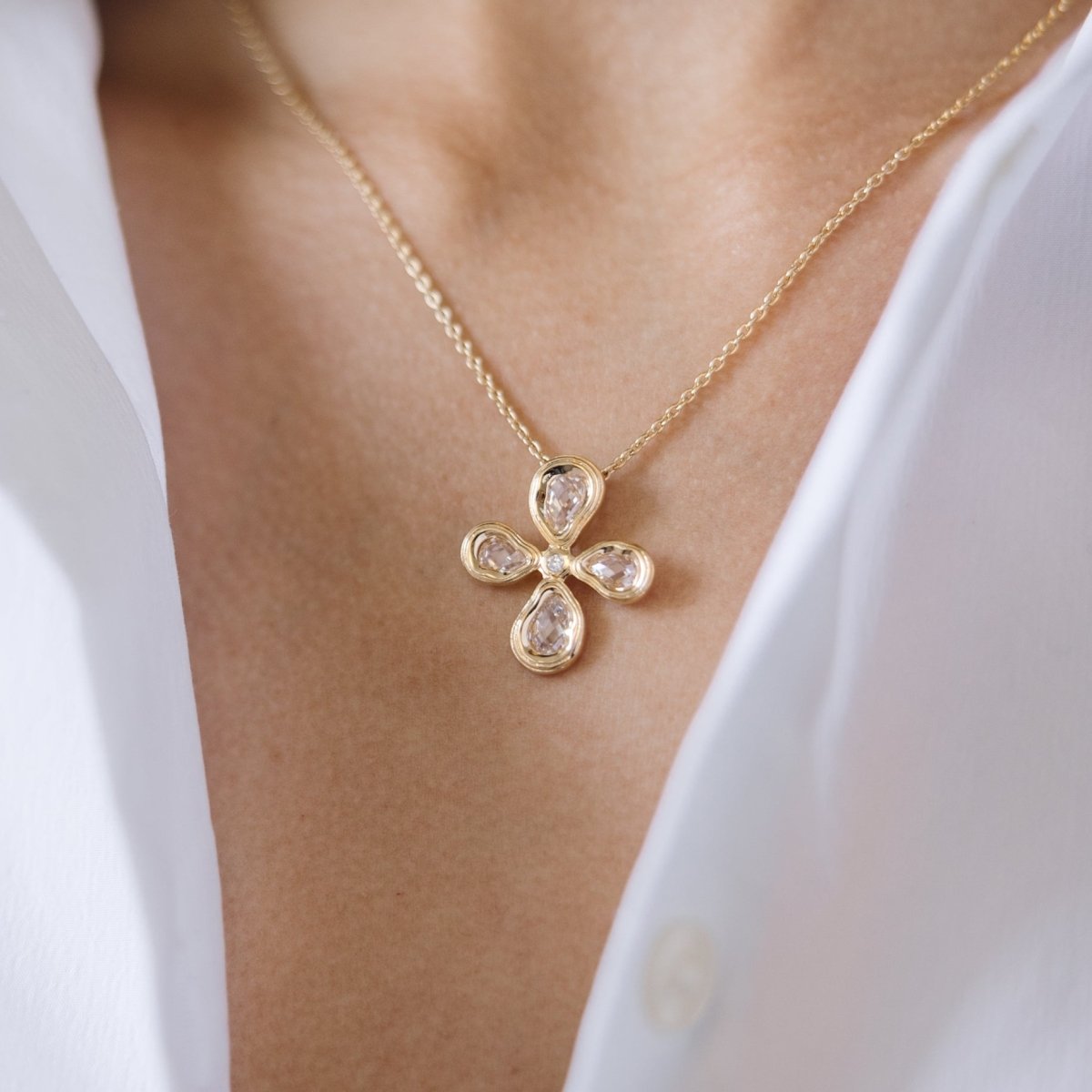 Teardrop Cross Gold Necklace with Cubic Zirconia - Ripple - Lulu B London - Timeless Jewellery