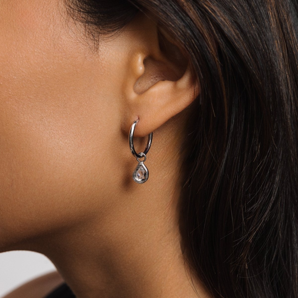 Teardrop Silver Drop Hoop Earrings with Cubic Zirconia - Ripple - Lulu B London - Timeless Jewellery