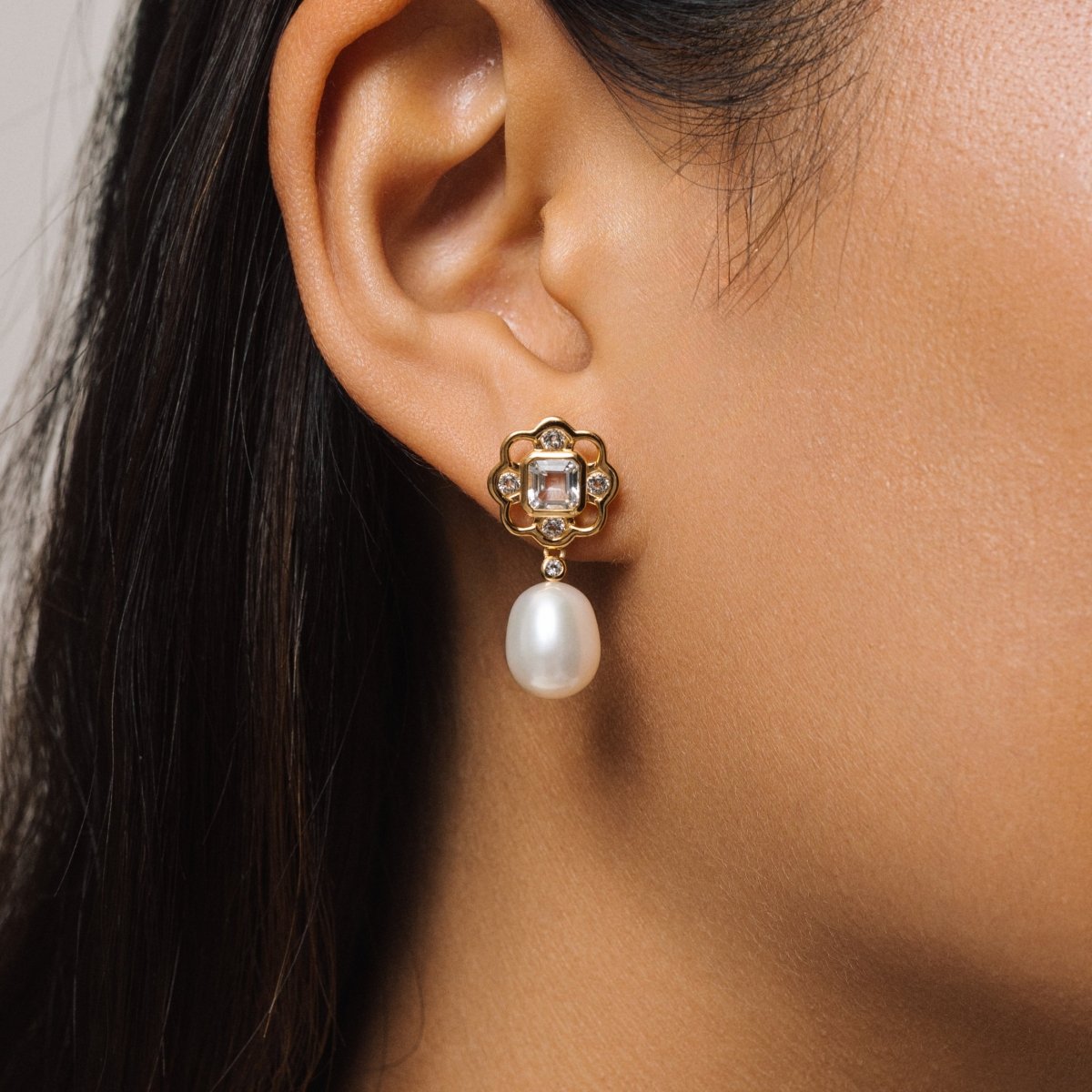 White Topaz and Pearl Gemstone Flower Gold Stud Drop Earrings - Lulu B London - Timeless Jewellery