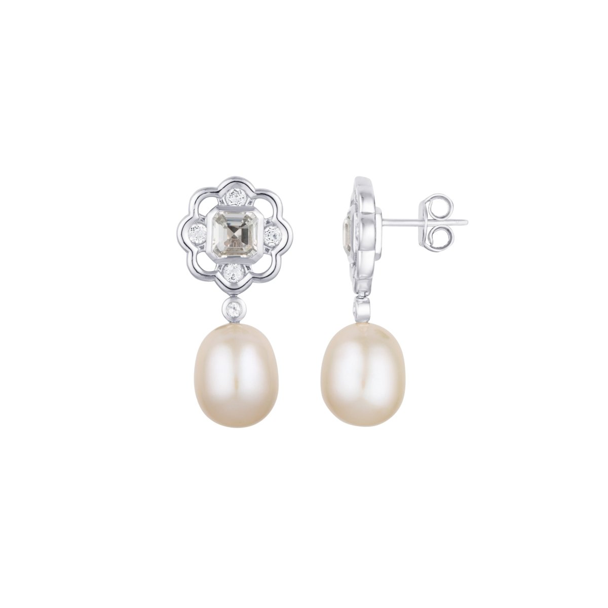 White Topaz and Pearl Gemstone Flower Silver Stud Drop Earrings - Lulu B London - Timeless Jewellery