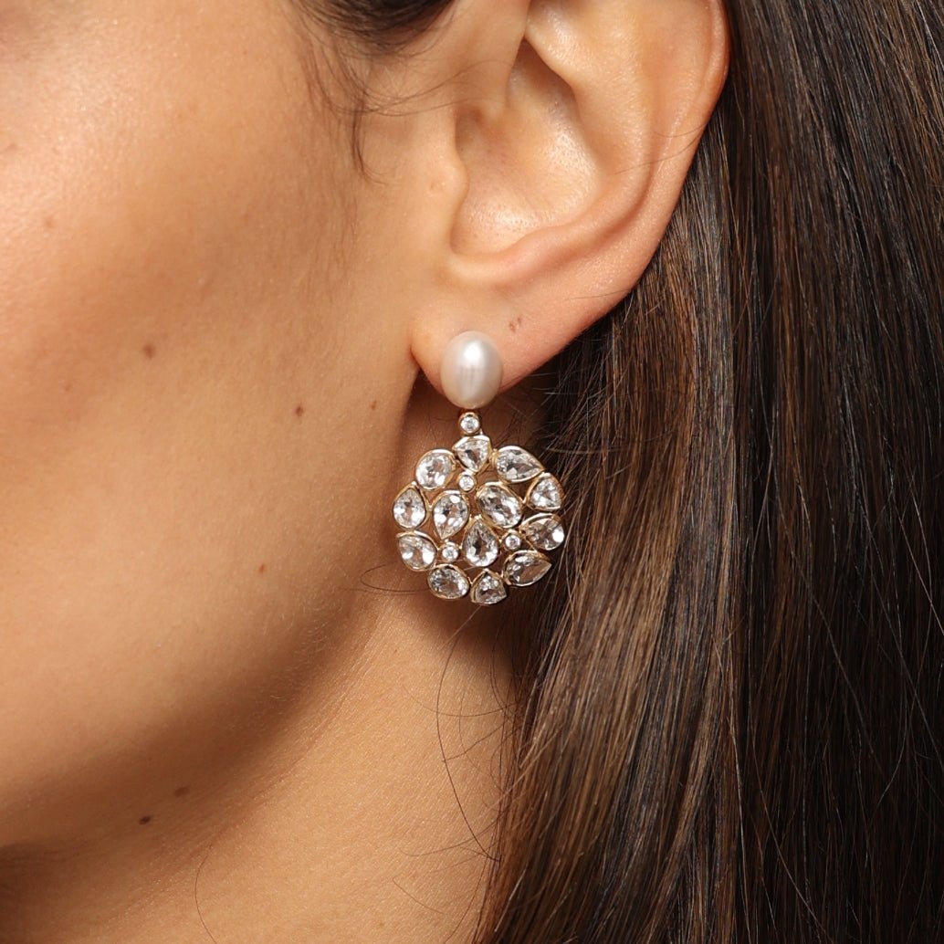 White Topaz and Pearl Statement Gold Stud Drop Earrings - Lulu B London - Timeless Jewellery