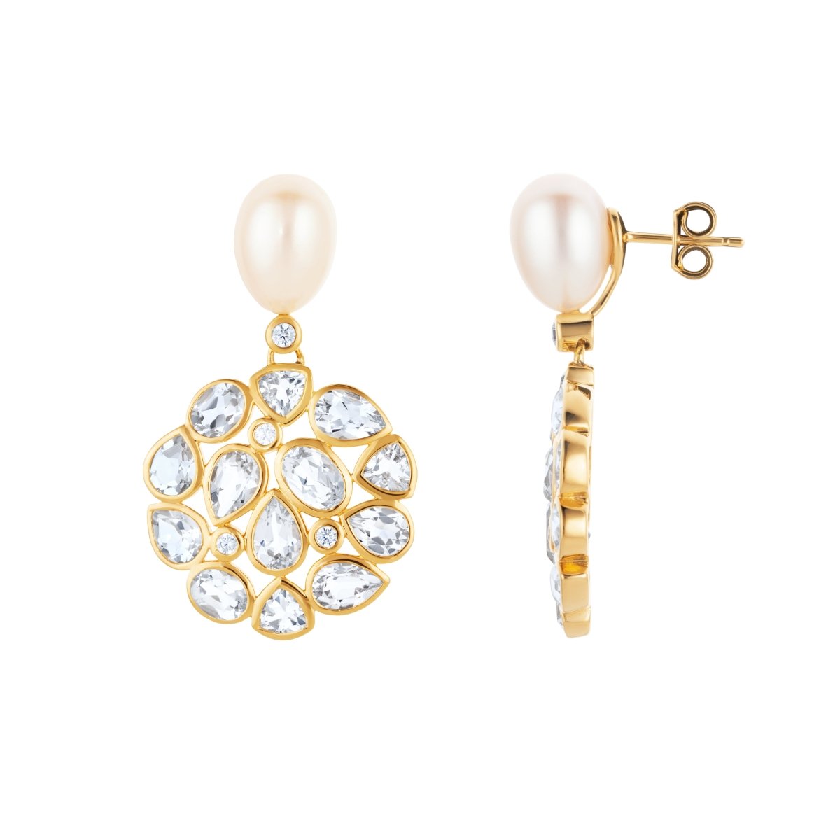 White Topaz and Pearl Statement Gold Stud Drop Earrings - Lulu B London - Timeless Jewellery