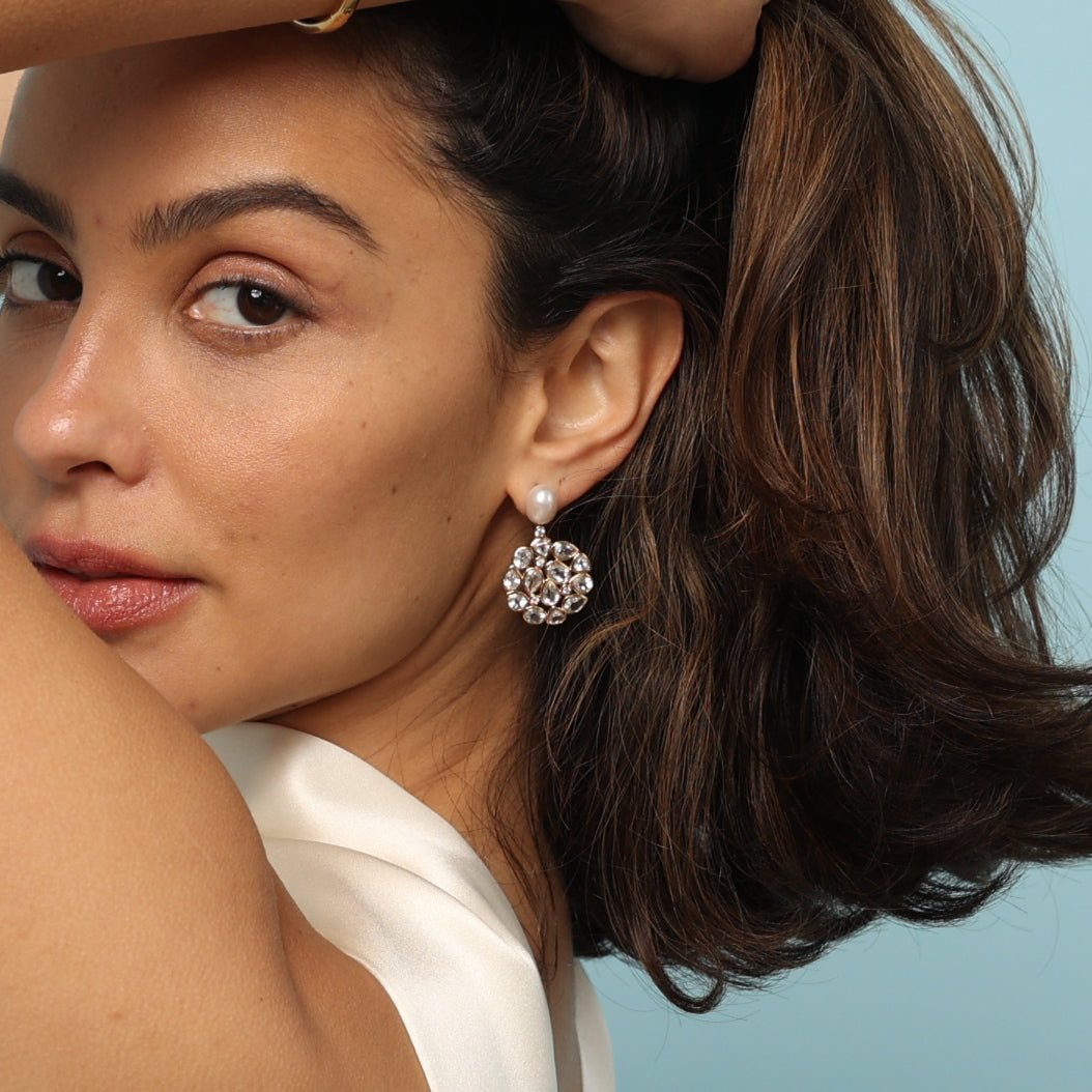 White Topaz and Pearl Statement Gold Stud Drop Earrings - Lulu B London - Timeless Jewellery