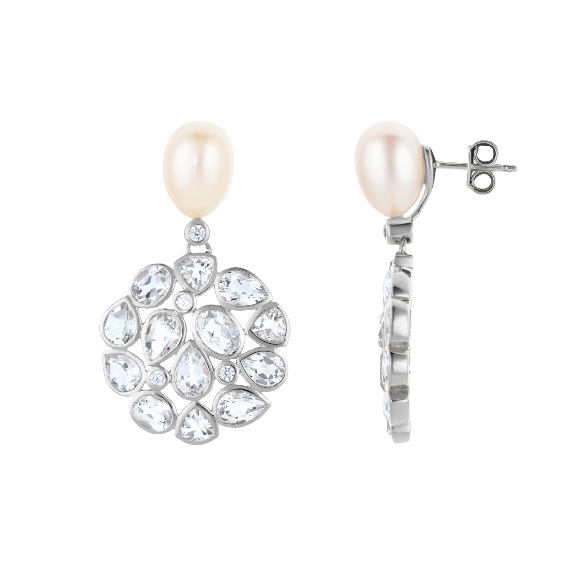 White Topaz and Pearl Statement Silver Stud Drop Earrings - Lulu B London - Timeless Jewellery