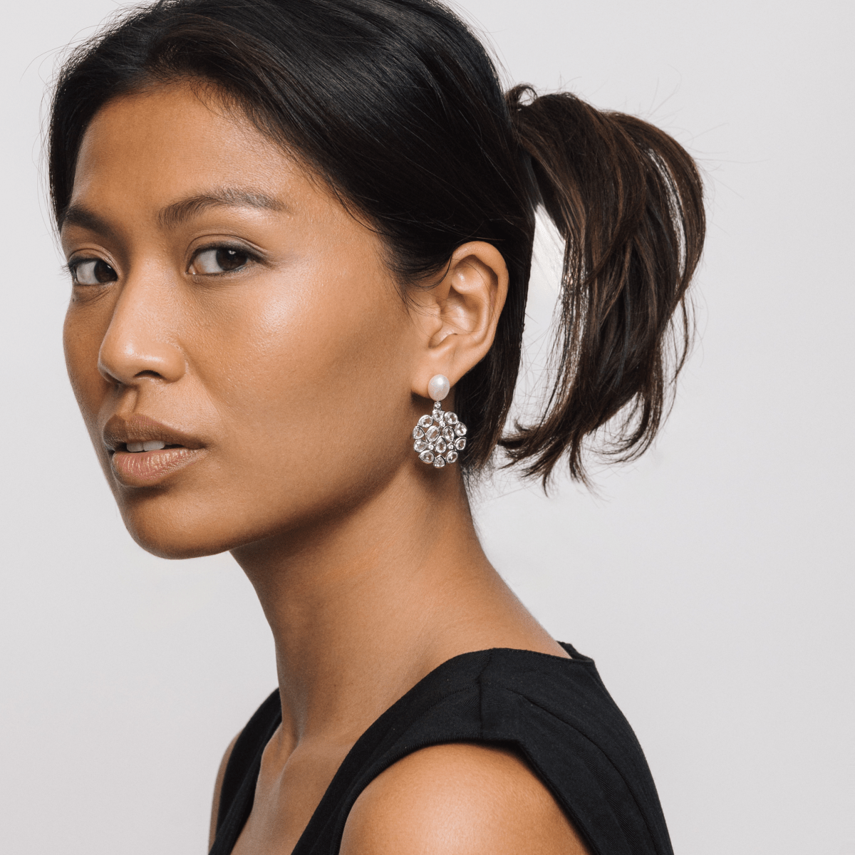 White Topaz and Pearl Statement Silver Stud Drop Earrings - Lulu B London - Timeless Jewellery