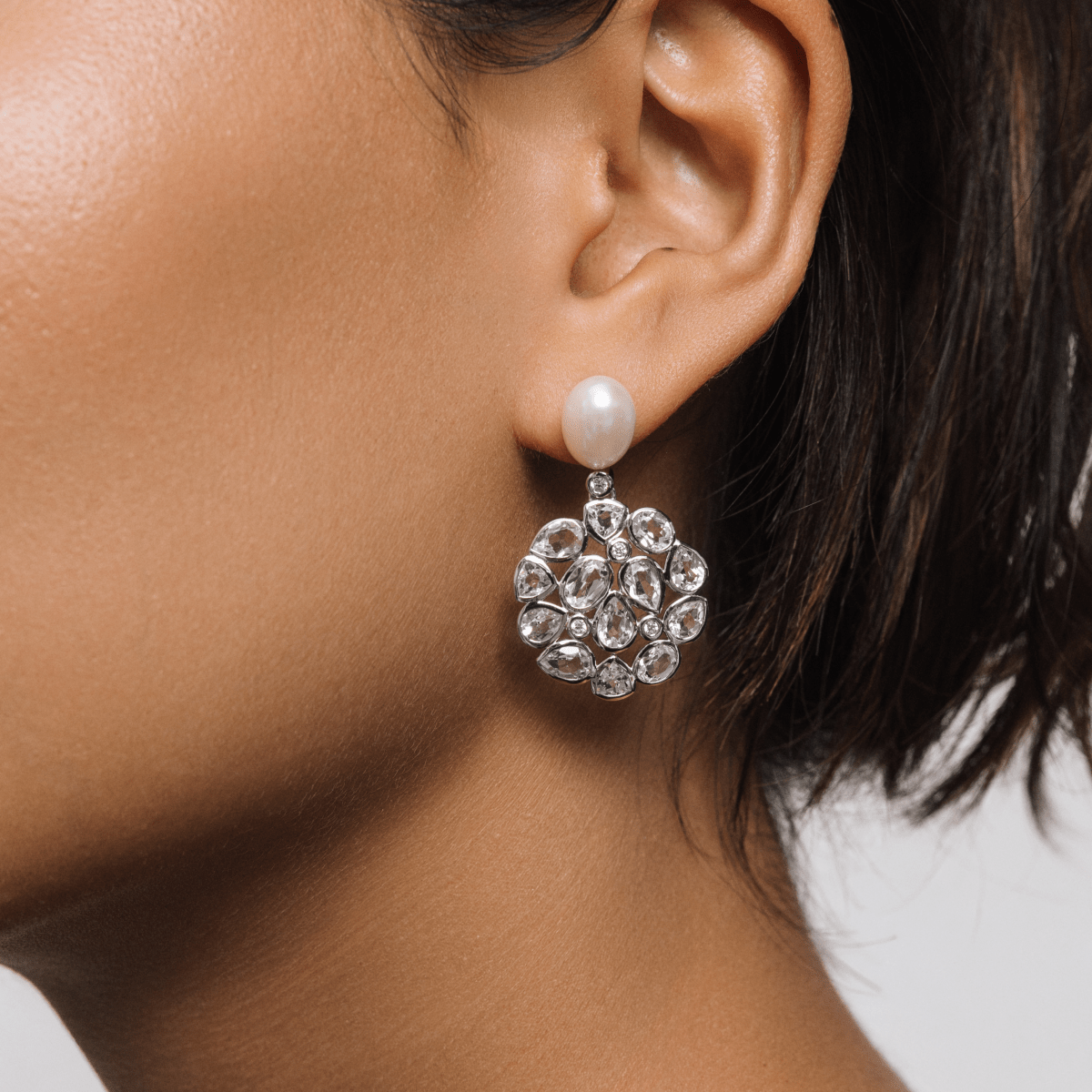 White Topaz and Pearl Statement Silver Stud Drop Earrings - Lulu B London - Timeless Jewellery