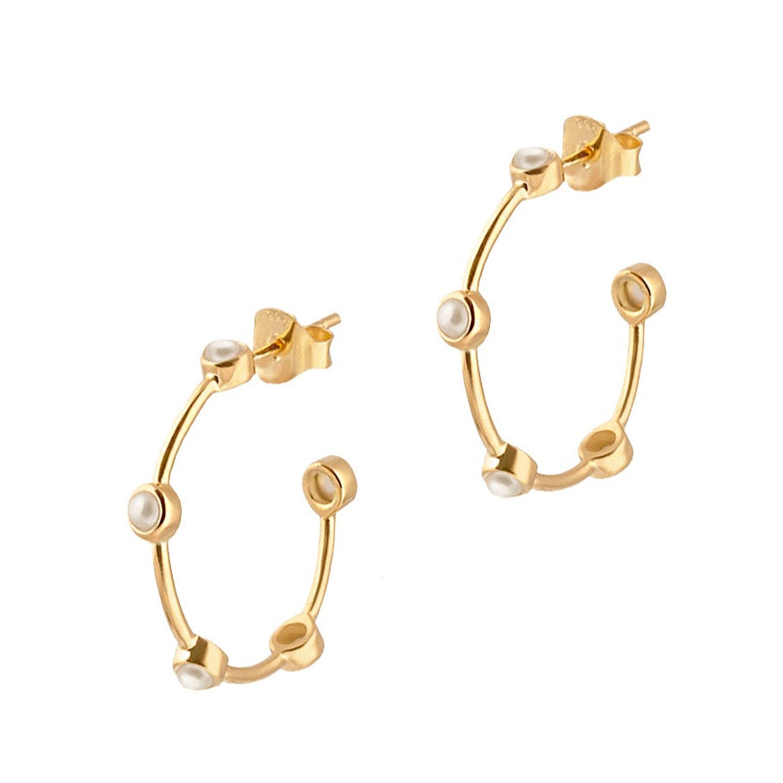 Pearl Studded Gold Hoop Earrings (Medium) - Amica