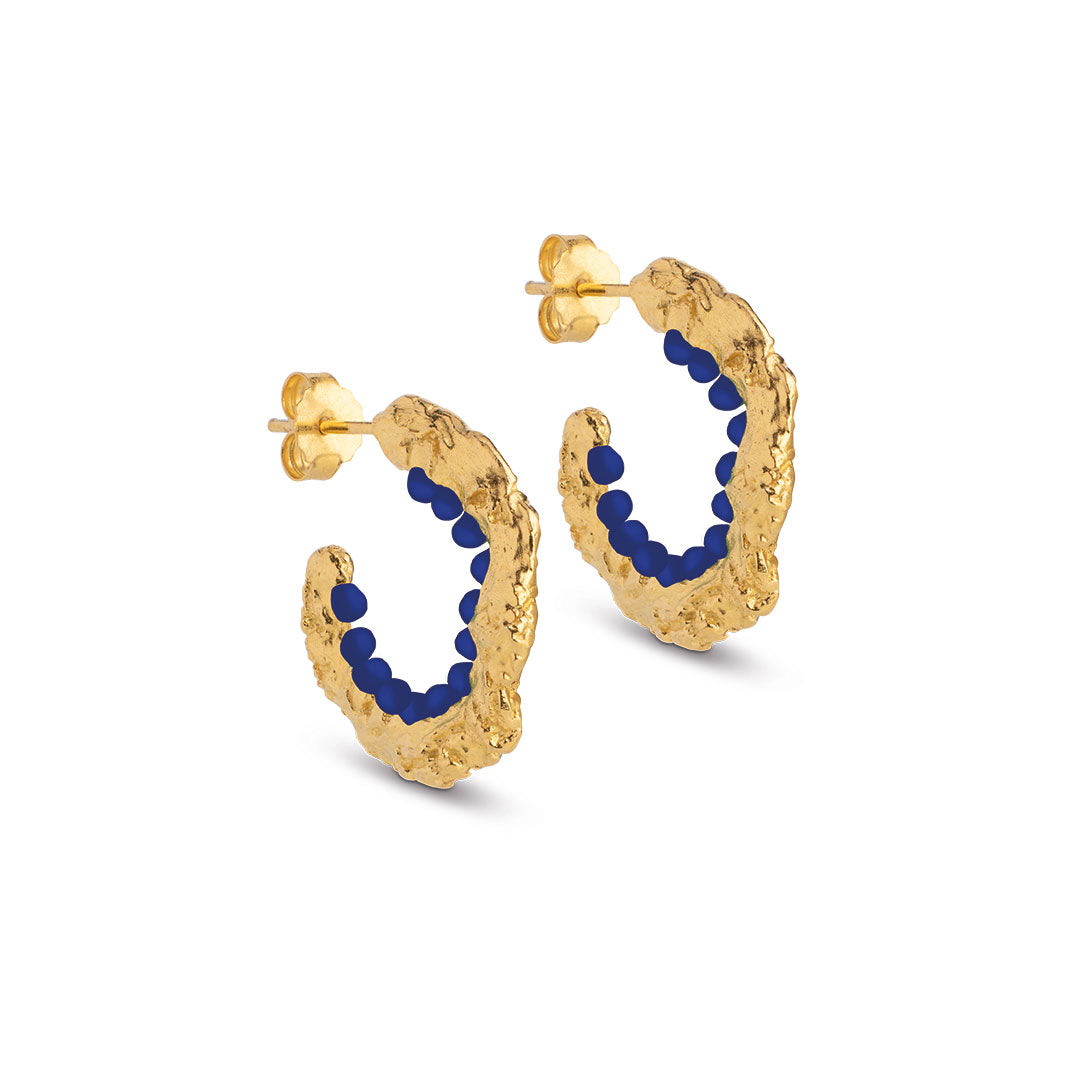 Crumpled Gold Hoop Earrings with Navy Enamel - Eloise