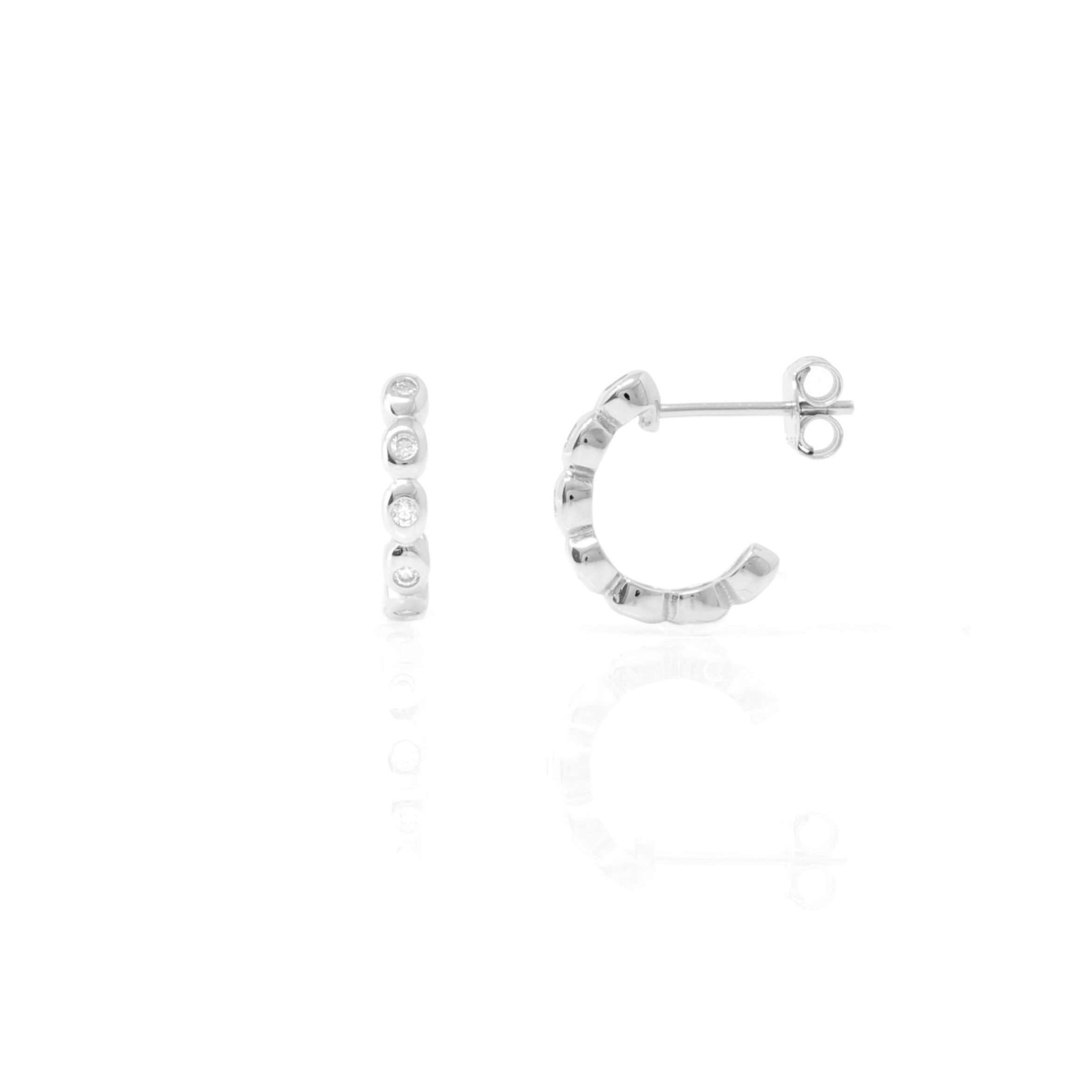 Silver Bobbin Hoop Earrings with Cubic Zirconia - Lulu B Jewellery