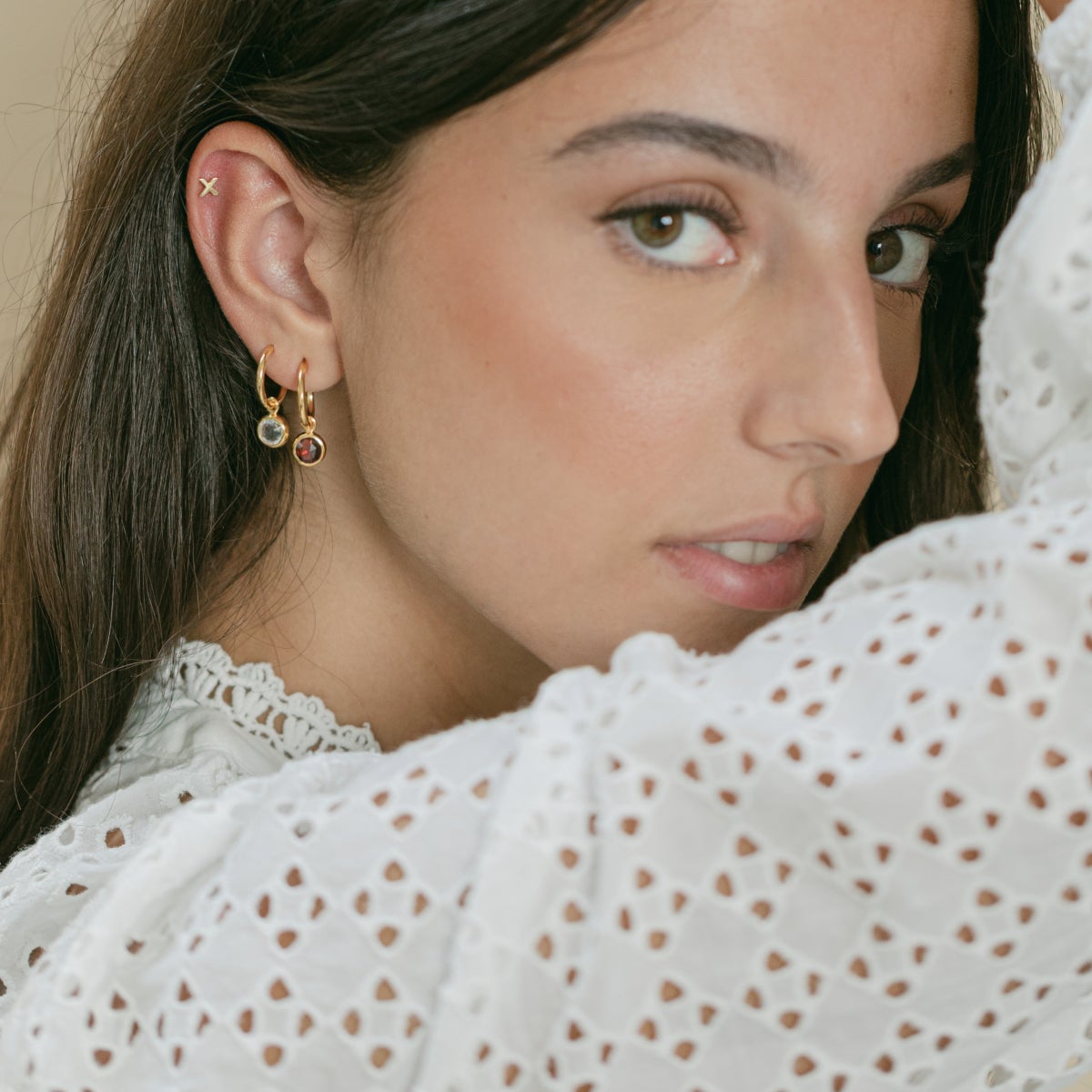 Gold Birthstones Hoops Earrings with Garnet - Lulu B Jewellery